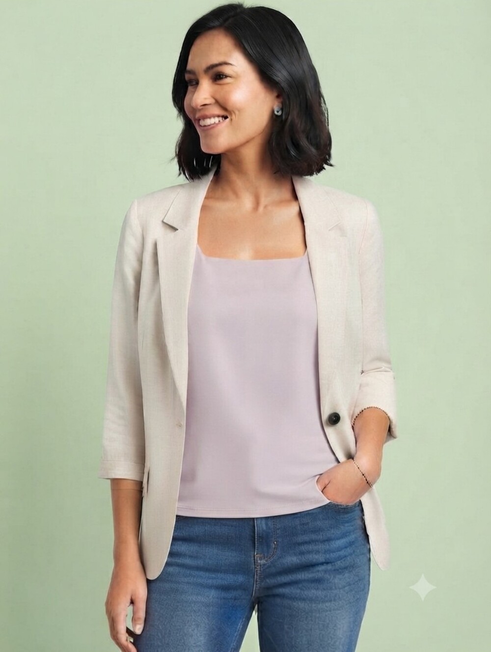 PAPAYA Linen Lightweight Jacket 3/4 Sleeve 1-Button Closure M Cream